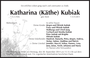Traueranzeige von Katharina Kubiak von Pegnitz-Zeitung